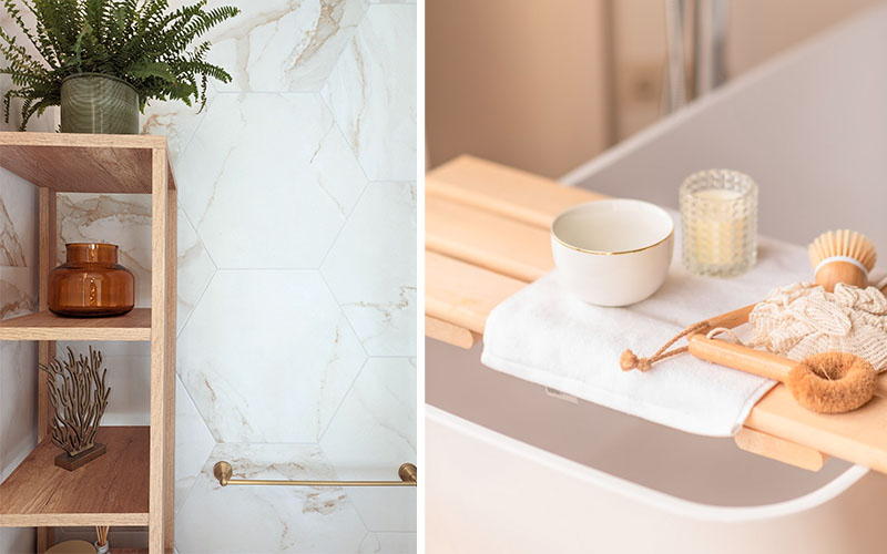 (Left) Hexagonal marble-effect porcelain wall tiles, (Right) A wooden bath tray containing spa essentials